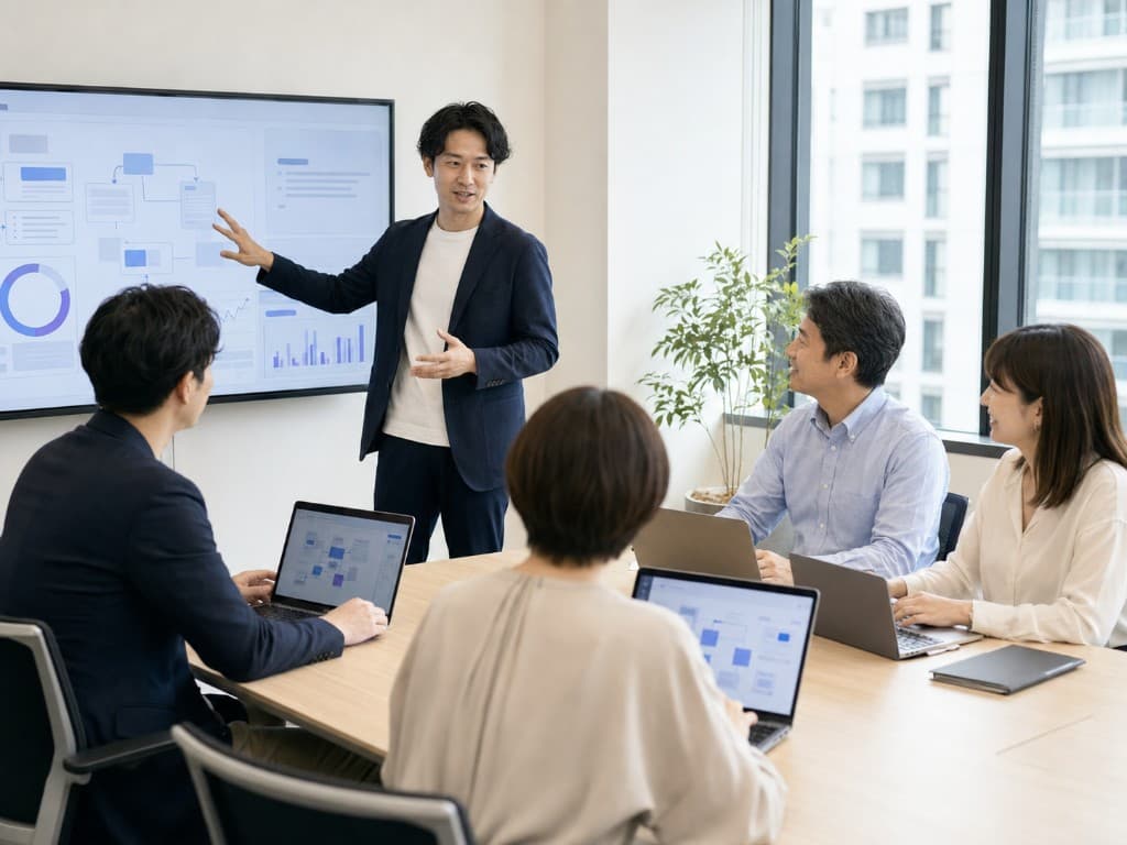 会議室で画面に映した図を示しながら説明する講師と、ノートパソコンを開いて聞く4名の参加者