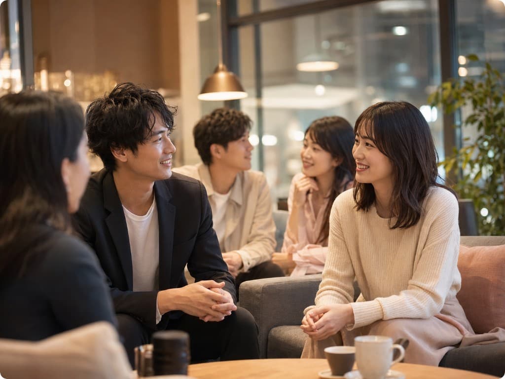 ラウンジで会話を楽しむ若者たち