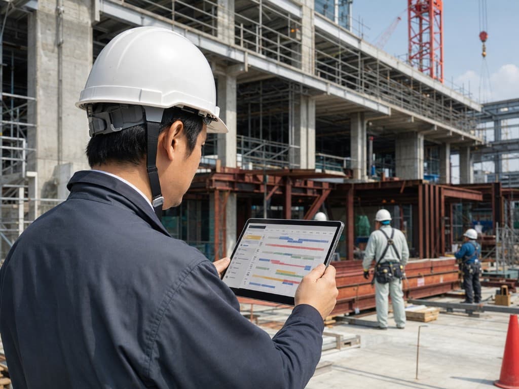 建設現場でタブレットを使い工程を確認する様子